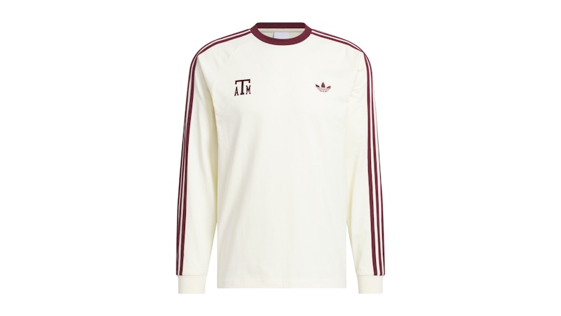 adidas Aggies Jersey Cotton 3-Stripes Long Sleeve Tee Texas A&M Cream White Team Maroon
