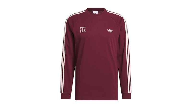 adidas Aggies Jersey Cotton 3-Stripes Long Sleeve Tee Texas A&M Team Maroon Cream White