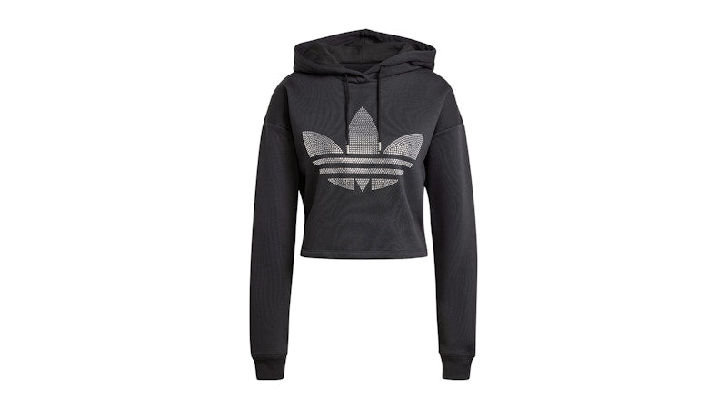 adidas Rhinestone Trefoil Loose Crop Hoodie Black