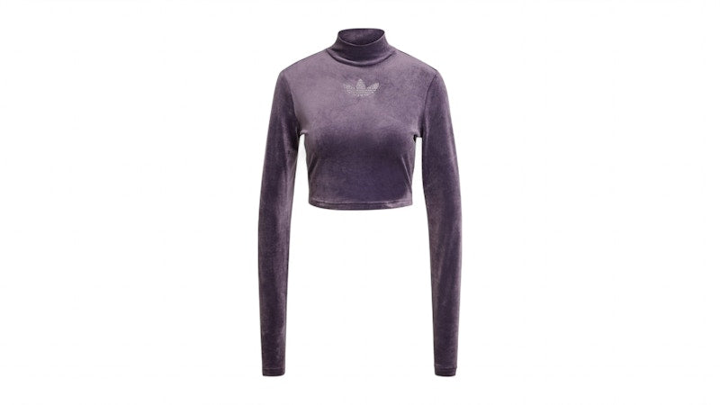 adidas Women's Long Sleeve Rhinestone Trefoil Velvet Crop Top Aurora Black
