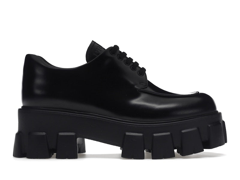 Prada Monolith 55mm Lace Up Loafer Black Brushed Leather