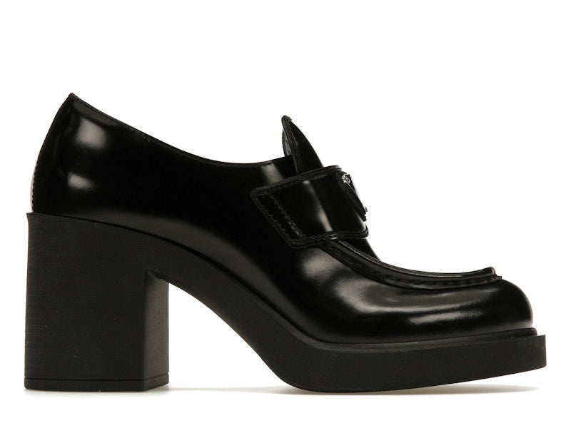 Prada Chocolate High-Heeled 85mm Loafers Black Brushed Leather