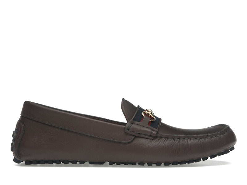 Gucci Ayrton Webbing-Trimmed Horsebit Leather Driver Loafers Brown
