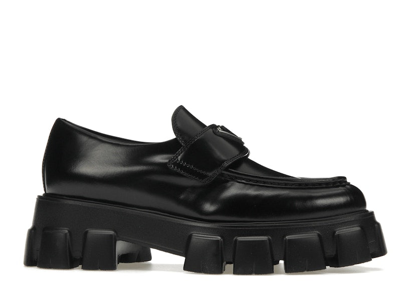 Prada Monolith 55mm Pointy Loafer Black Brushed Leather