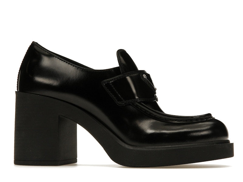 Prada Chocolate High-Heeled 85mm Loafers Black Brushed Leather