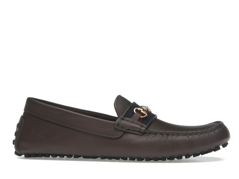 Gucci Ayrton Webbing-Trimmed Horsebit Leather Driver Loafers Brown