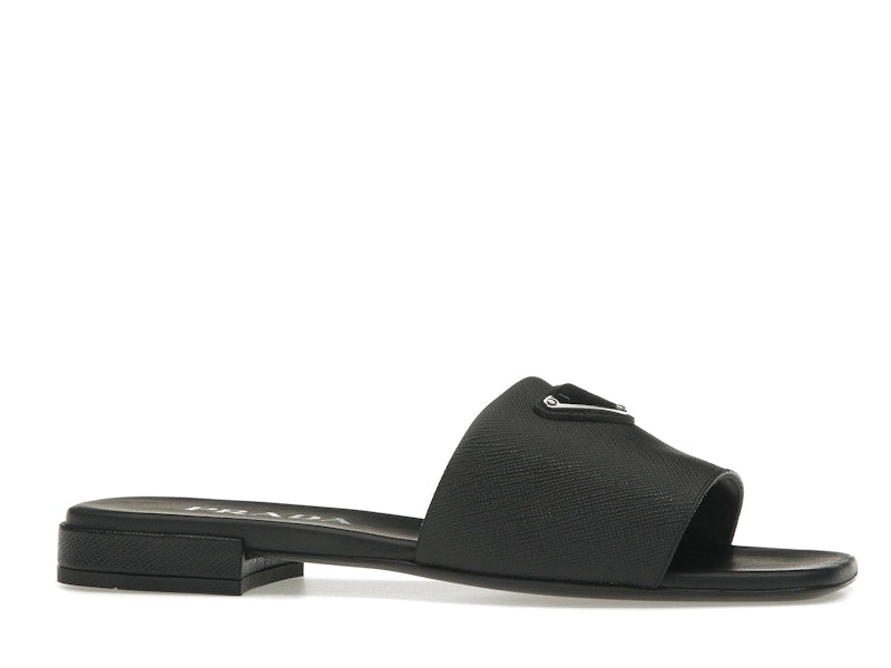 Prada Logo Slide Sandals Black Saffiano Leather