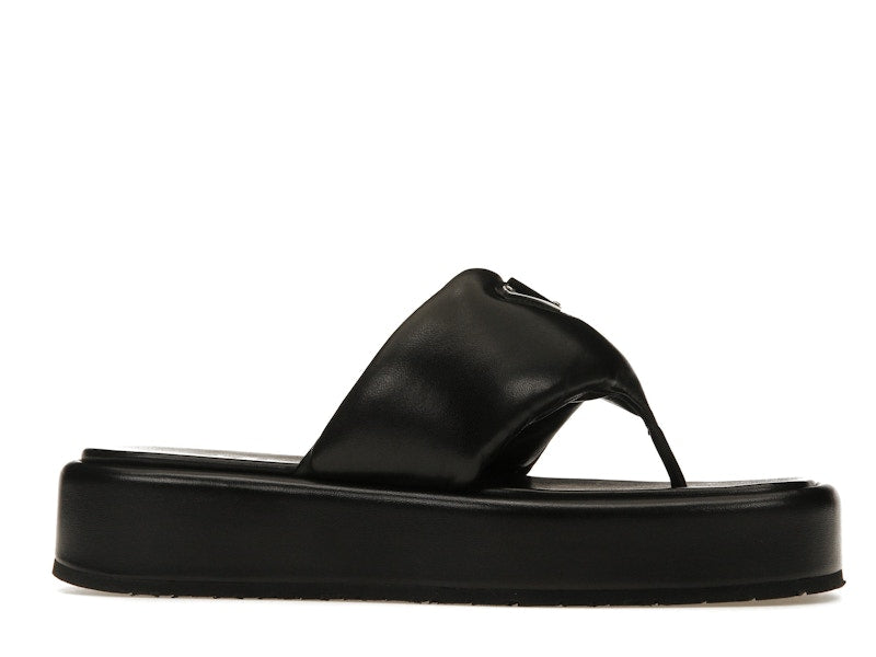 Prada Soft Padded 35mm Thong Wedge Sandals Black Nappa Leather
