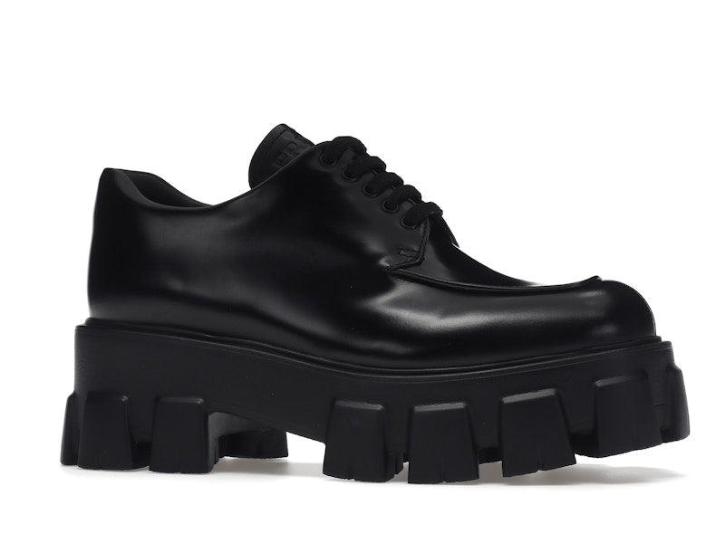 Prada Monolith 55mm Lace Up Loafer Black Brushed Leather
