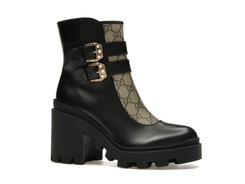 Gucci Buckles Ankle Boots Black Beige (Women's)
