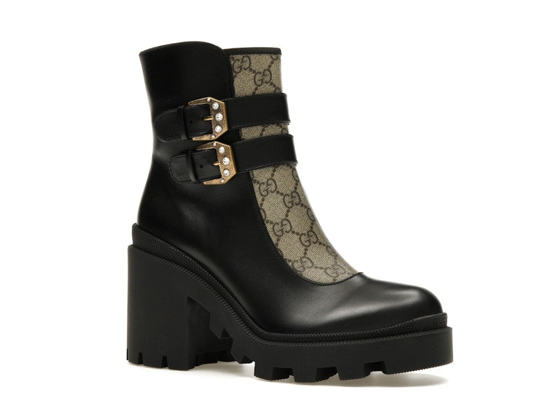 Gucci Buckles Ankle Boots Black Beige (Women's)