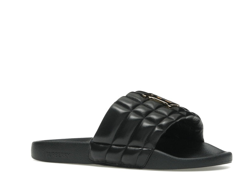 Burberry Monogram Motif Quilted Lambskin Slides Black Gold-tone