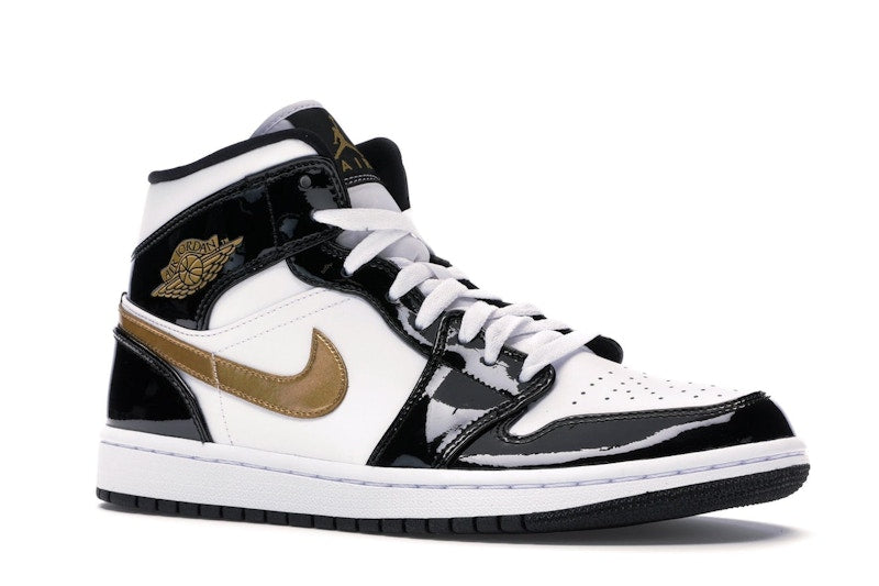 Jordan 1 Mid Patent Black White Gold