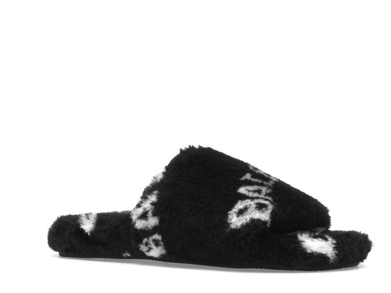 Balenciaga Furry Slide Fake Fur Logo Allover Black White