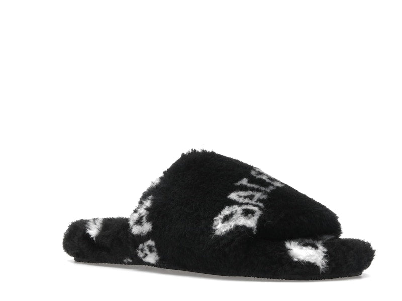 Balenciaga Furry Slide Fake Fur Logo Allover Black White