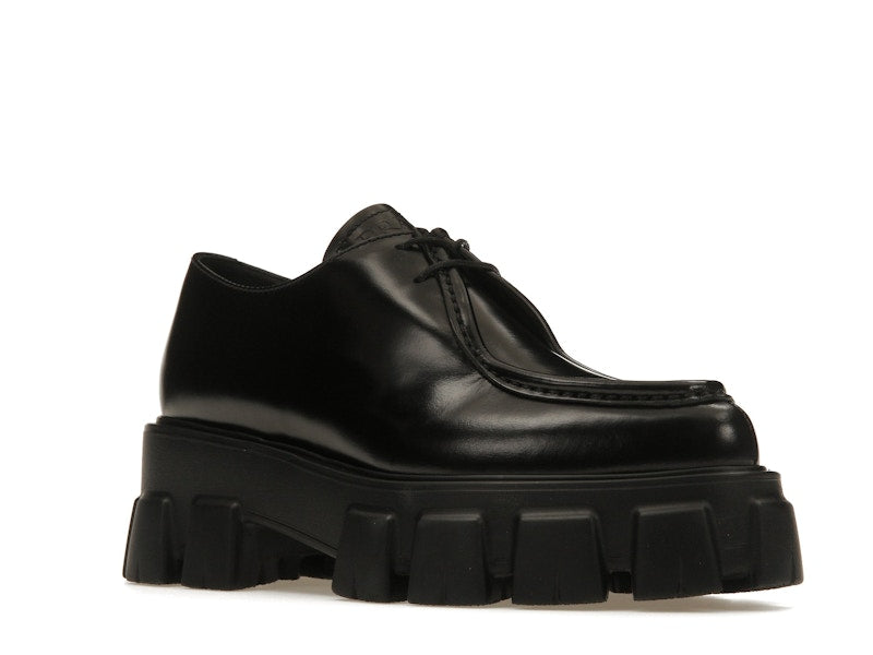 Prada Monolith 55mm Pointy Lace Up Loafer Black Brushed Leather