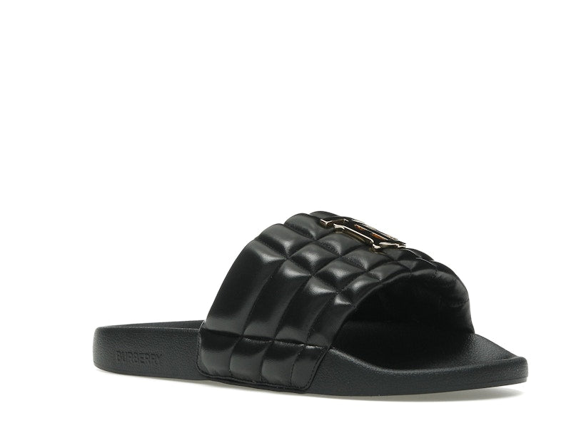 Burberry Monogram Motif Quilted Lambskin Slides Black Gold-tone