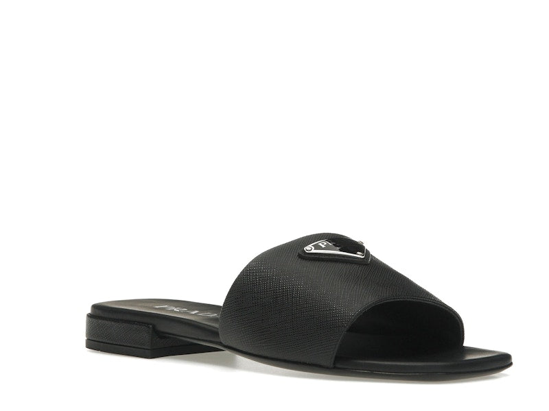 Prada Logo Slide Sandals Black Saffiano Leather