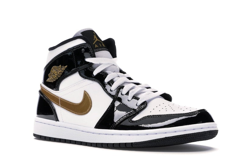 Jordan 1 Mid Patent Black White Gold