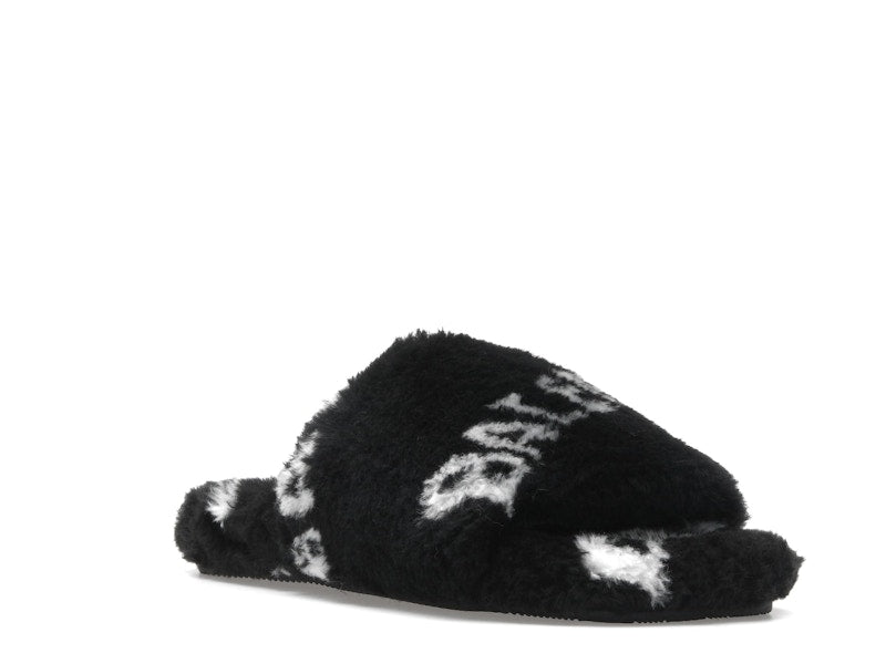 Balenciaga Furry Slide Fake Fur Logo Allover Black White