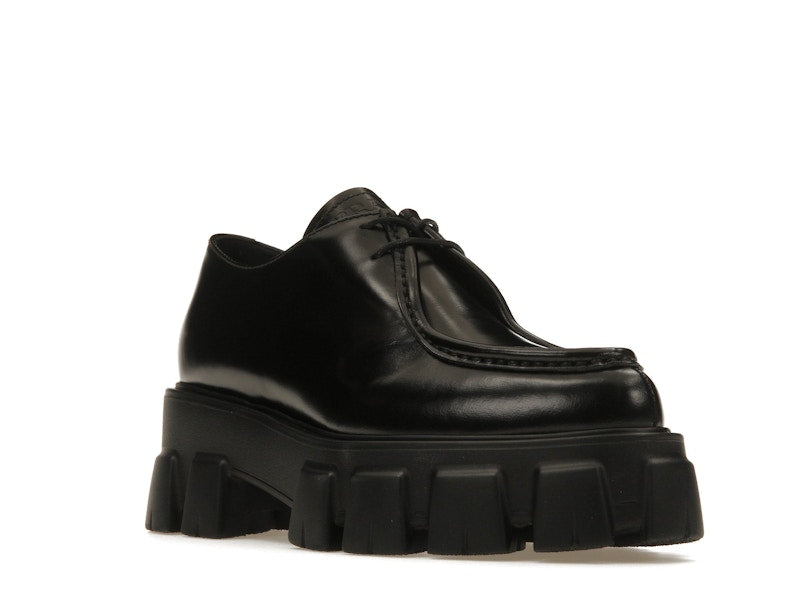 Prada Monolith 55mm Pointy Lace Up Loafer Black Brushed Leather