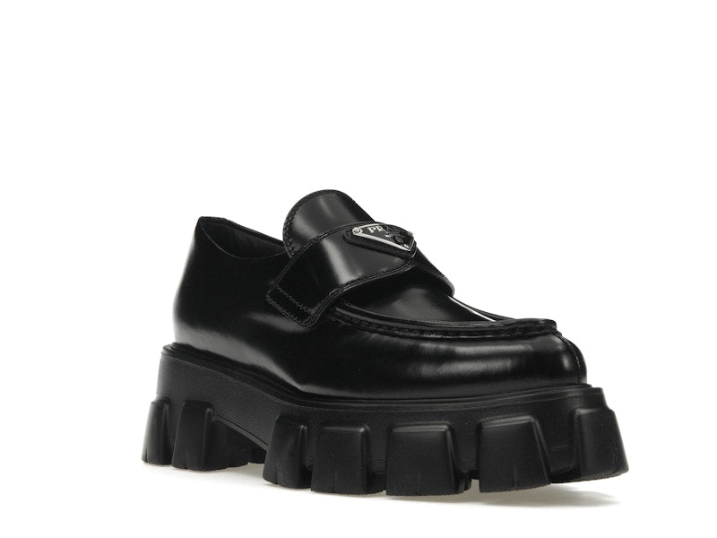 Prada Monolith 55mm Pointy Loafer Black Brushed Leather