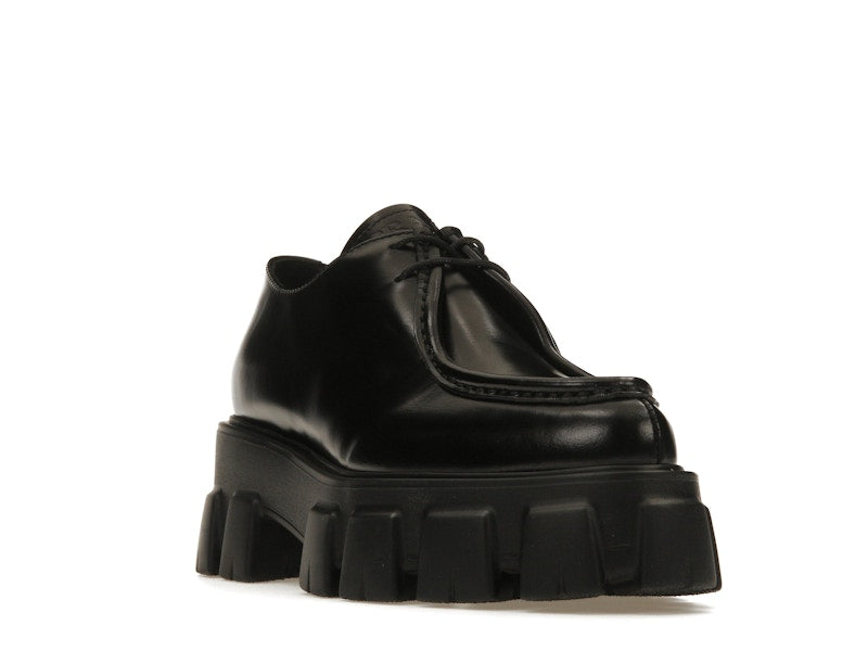 Prada Monolith 55mm Pointy Lace Up Loafer Black Brushed Leather