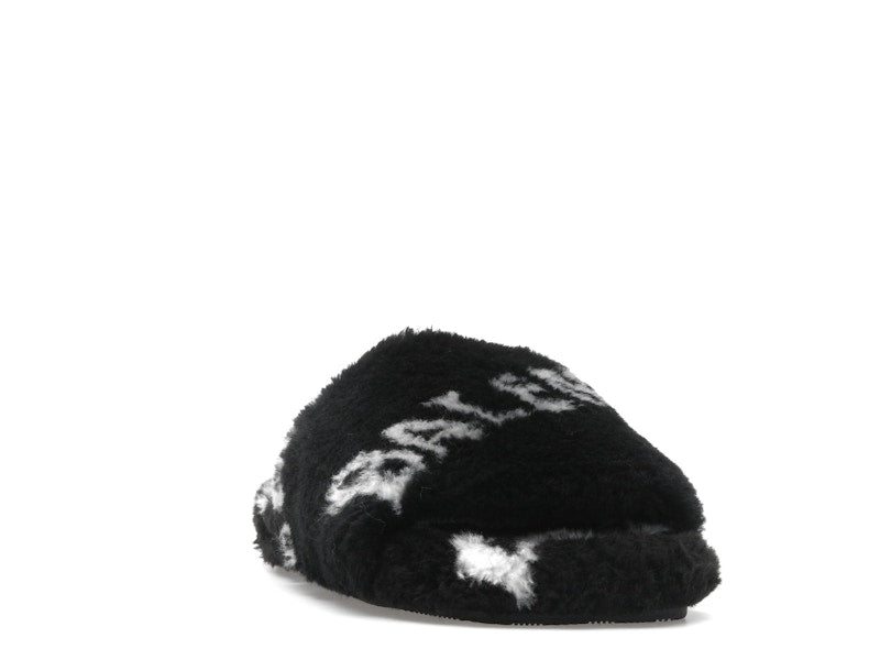 Balenciaga Furry Slide Fake Fur Logo Allover Black White