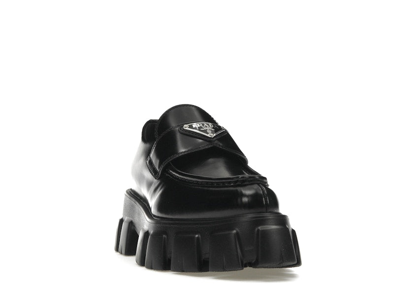 Prada Monolith 55mm Pointy Loafer Black Brushed Leather