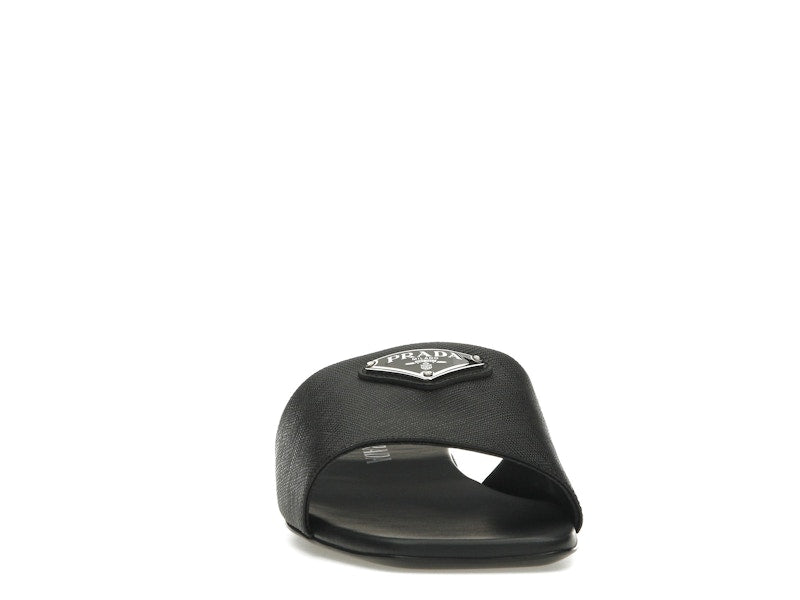 Prada Logo Slide Sandals Black Saffiano Leather