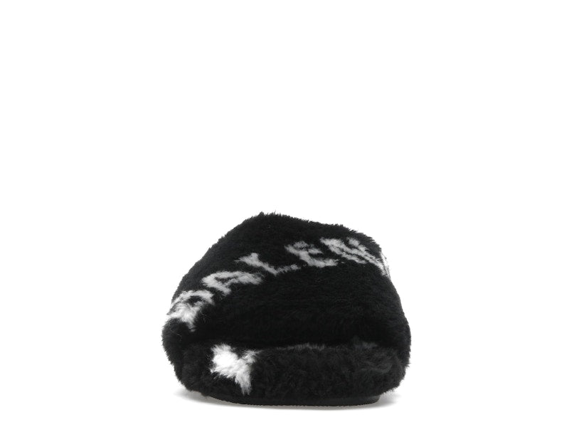 Balenciaga Furry Slide Fake Fur Logo Allover Black White