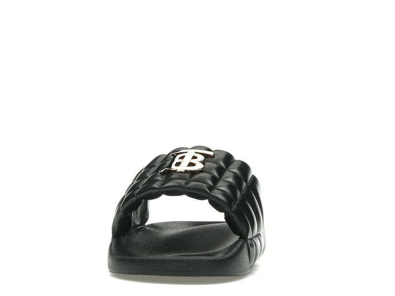 Burberry Monogram Motif Quilted Lambskin Slides Black Gold-tone