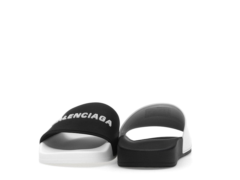 Balenciaga Pool Slides Logo White Black Alternate