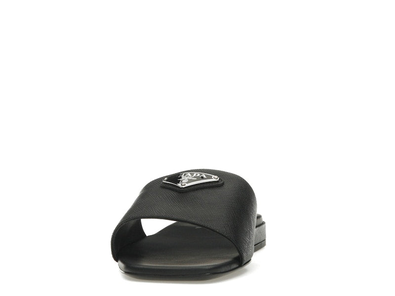 Prada Logo Slide Sandals Black Saffiano Leather