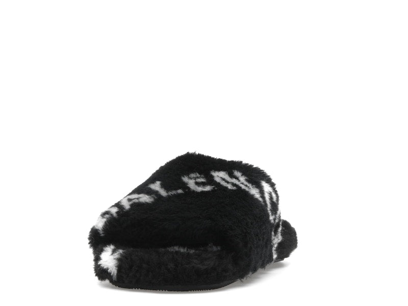 Balenciaga Furry Slide Fake Fur Logo Allover Black White