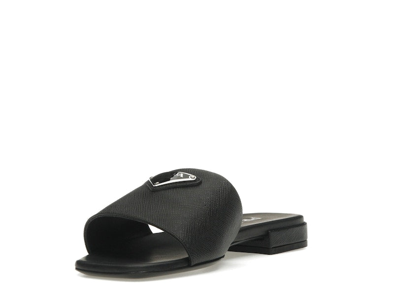Prada Logo Slide Sandals Black Saffiano Leather