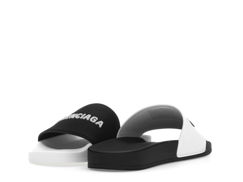 Balenciaga Pool Slides Logo White Black Alternate
