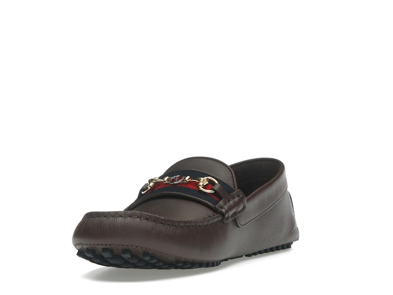 Gucci Ayrton Webbing-Trimmed Horsebit Leather Driver Loafers Brown
