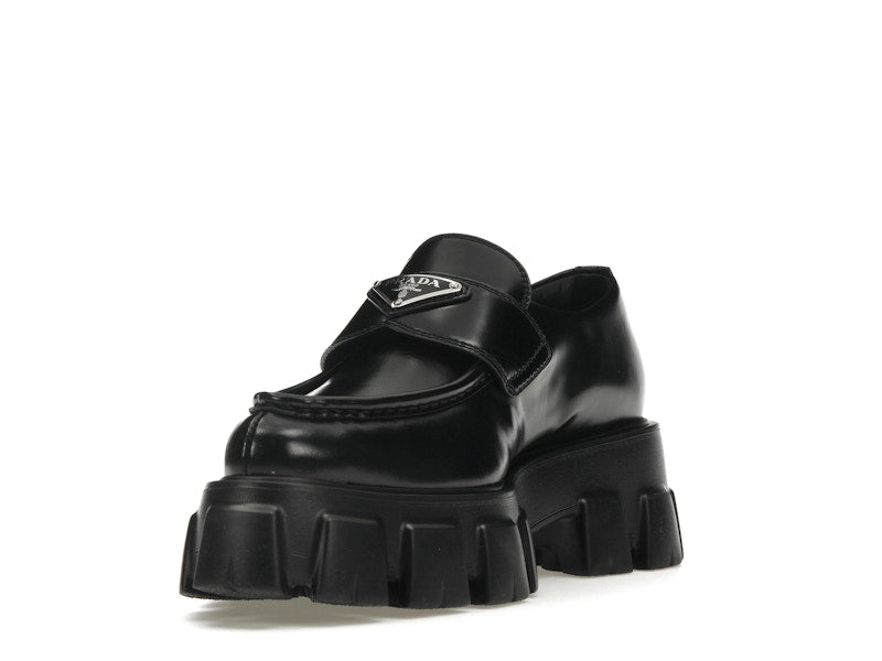Prada Monolith 55mm Pointy Loafer Black Brushed Leather