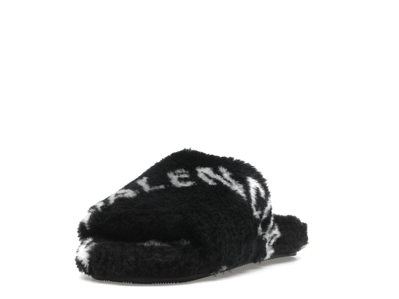 Balenciaga Furry Slide Fake Fur Logo Allover Black White