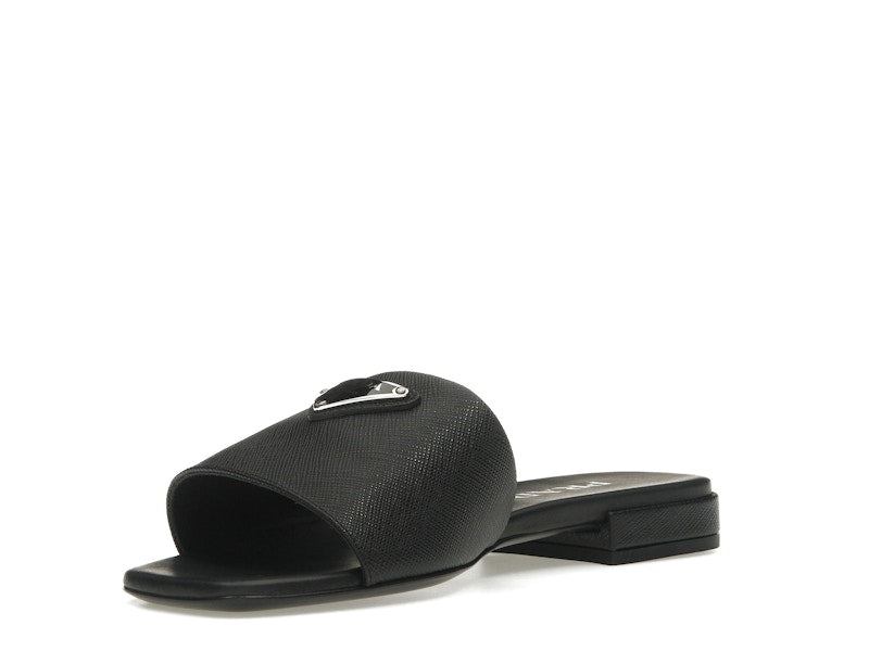 Prada Logo Slide Sandals Black Saffiano Leather