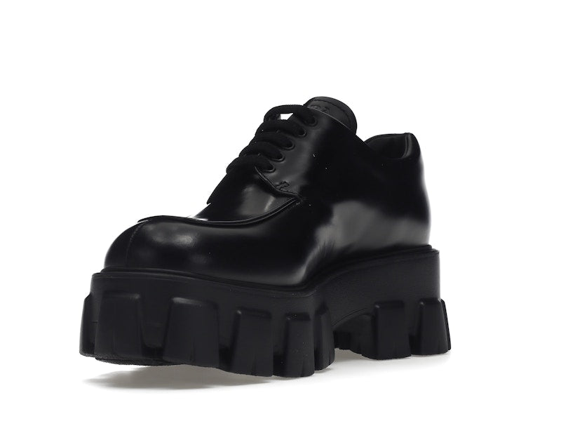 Prada Monolith 55mm Lace Up Loafer Black Brushed Leather
