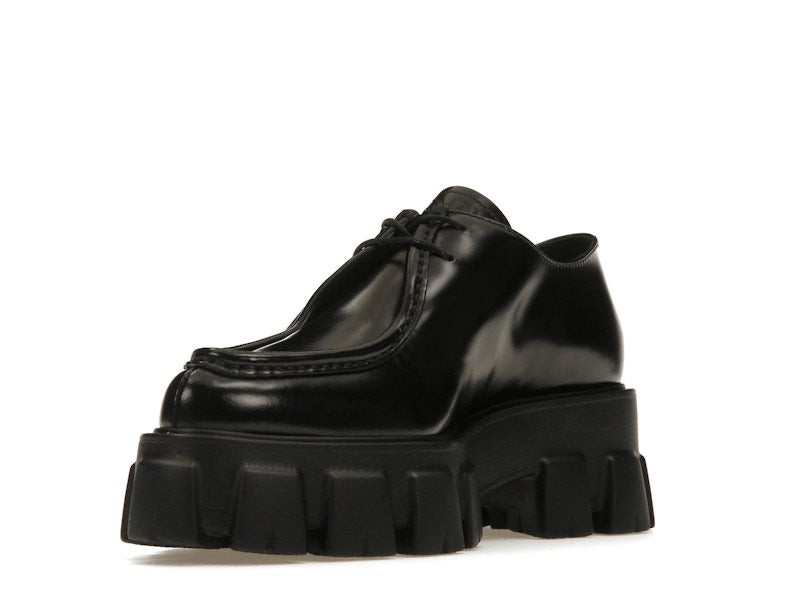 Prada Monolith 55mm Pointy Lace Up Loafer Black Brushed Leather