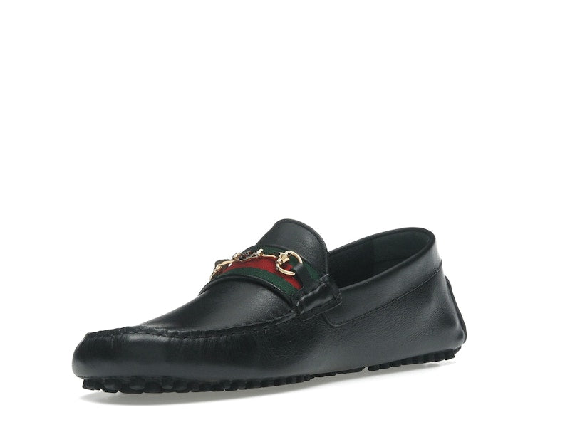 Gucci Ayrton Webbing-Trimmed Horsebit Leather Driver Loafers Black