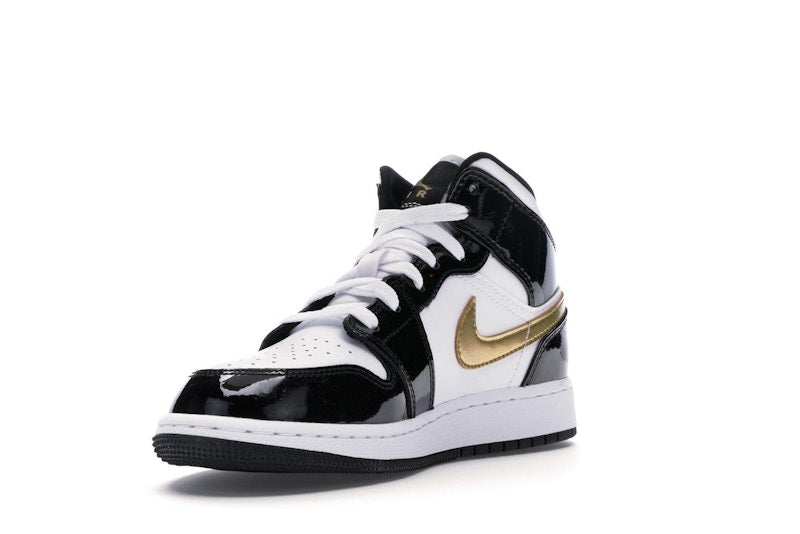 Jordan 1 Mid Patent Black White Gold (GS)