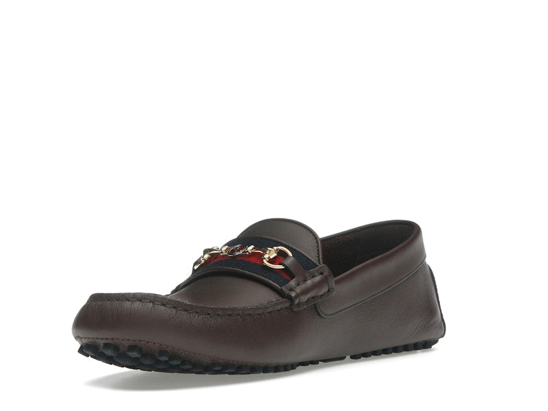 Gucci Ayrton Webbing-Trimmed Horsebit Leather Driver Loafers Brown