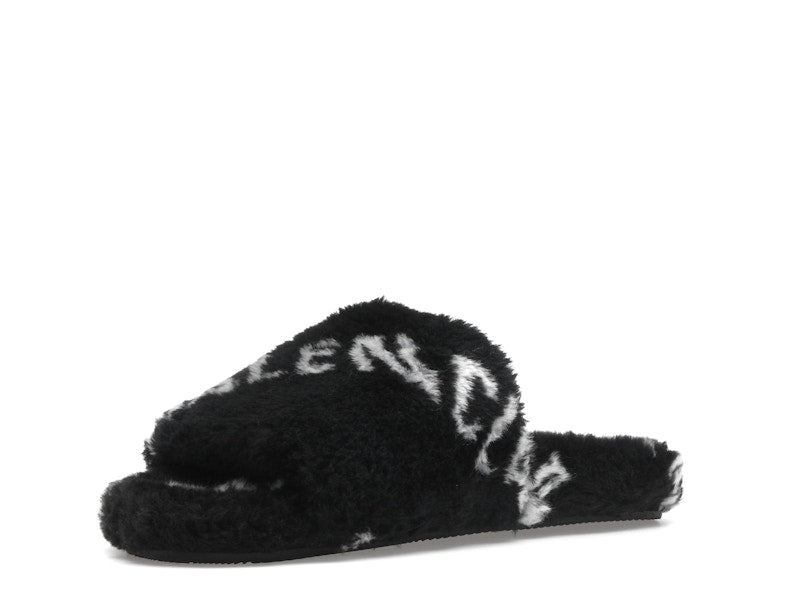 Balenciaga Furry Slide Fake Fur Logo Allover Black White