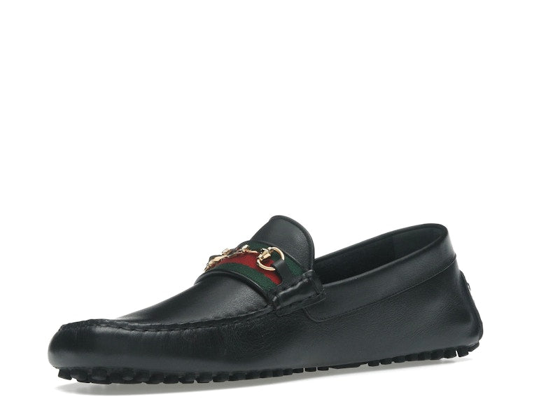 Gucci Ayrton Webbing-Trimmed Horsebit Leather Driver Loafers Black