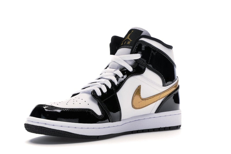 Jordan 1 Mid Patent Black White Gold