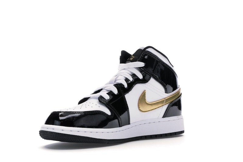 Jordan 1 Mid Patent Black White Gold (GS)